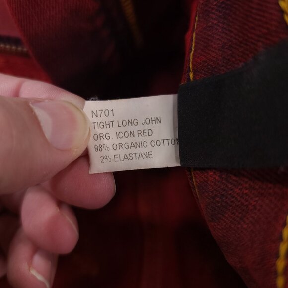 Nudie Jeans Women's 26x34 Red Tight Long John Skinny Leg Low Rise Denim Pants - Picture 9 of 10